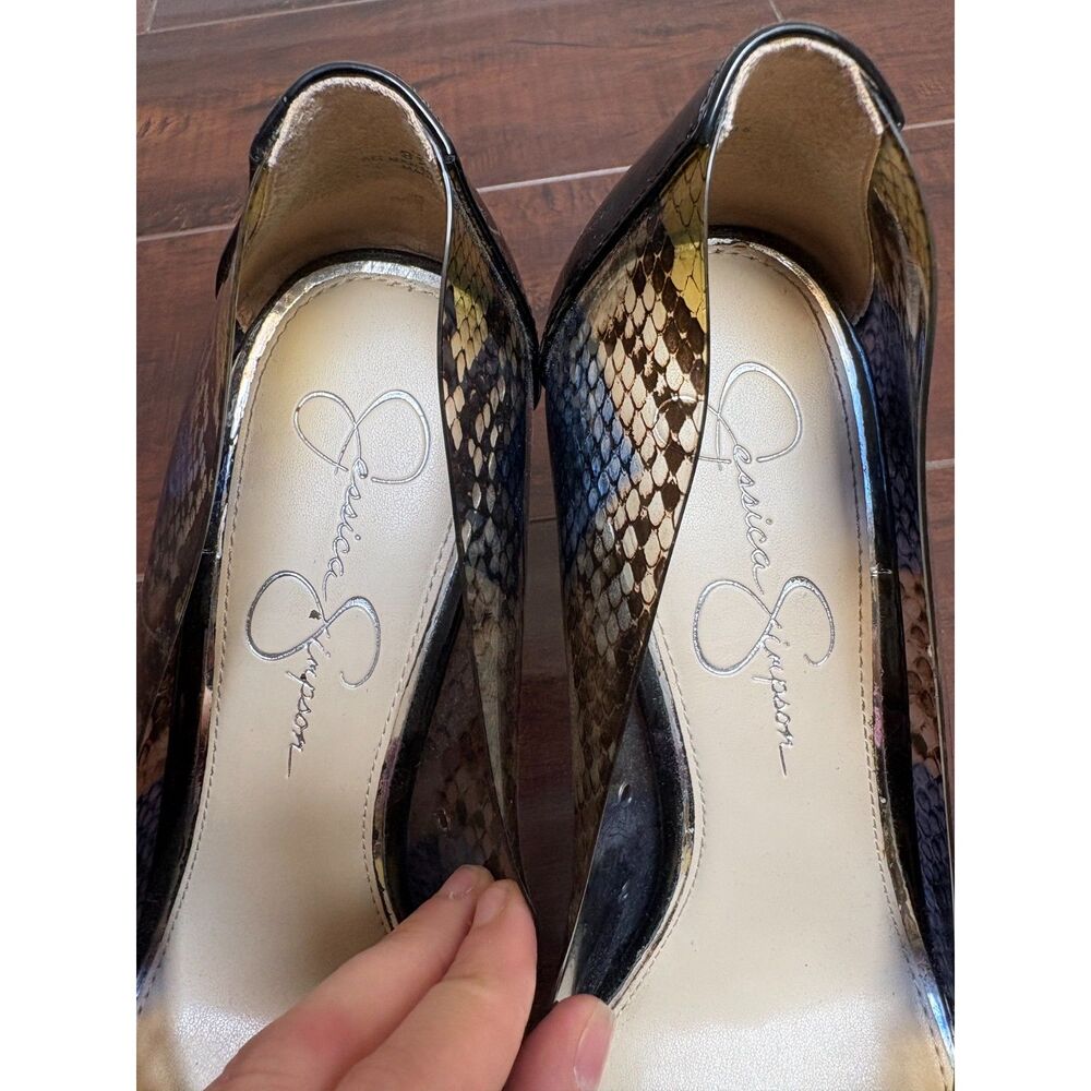 Snakeskin Mixed Media Stiletto Pumps Clear Heels Black Patent Pointed Toe 9.5 41 - Picture 5 of 9